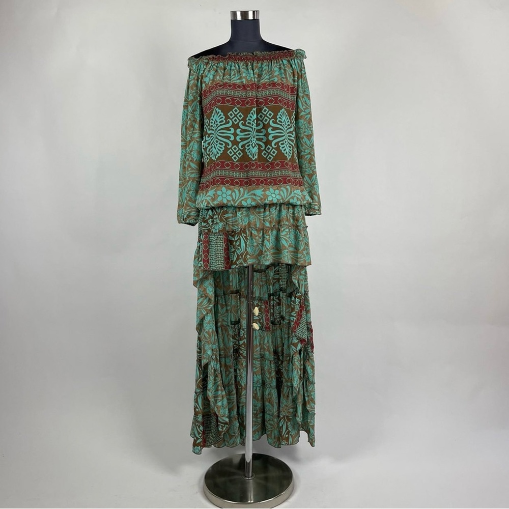 Green and Brown Multicolor High Low Boho Off Shoulder Smocked Dress Size Medium
